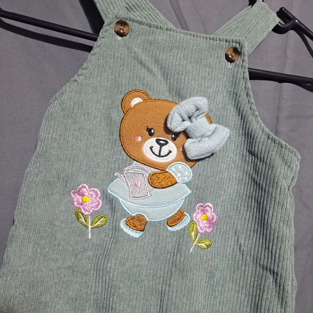 Baby‎ Sage Green Corduroy Teddy Bear Overalls 9-12M Embroidered Bibs